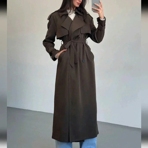 Jackets & Blazers - Extra Long Tie Waist Double-Breasted Decor English Style Lapel Brown Trench Coat